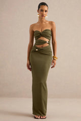 Leontine | Olive Bandeau-Neck Maxi Dress With Body Cut-Outs