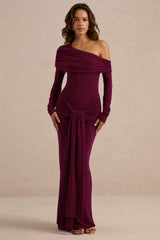 Avonlea | Burgundy Asymmetric-Neck Maxi Dress With Gathered Detailing