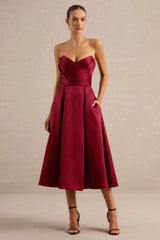 Promises | Red Satin Bandeau-Neck Midi Dress