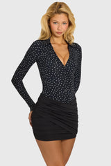 Button Front Long-Sleeve Mini Dress In Black Polka Dot