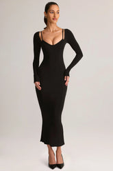 Modal Peekaboo Long-Sleeve Midi Dress In Black