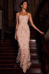 Embellished Appliqué Soft-Scoop Corset Gown In Sand