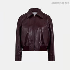 BOTTEGA VENETA Women's Off-Shoulder Woven Collar Zippered Long-sleeved Leather Jacket #332166