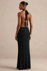 Velia | Black Extreme Plunge-Neck Semi-Sheer Maxi Dress With Front High Split