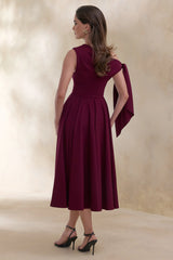 Daring | Burgundy Asymmetric-Neck Midi Dress With Knot-Detail