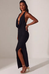 Plunge Cowl Neck Floor Length Dress In Black