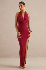 Imogenia | Red Cowl Plunge-Neck Maxi Dress With Front-High Split