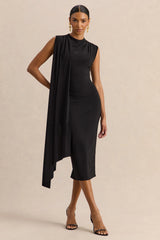 Oleandra | Black High-Neck Midi-Dress With Draped-Detail