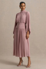 Annabel | Dusty Pink High-Neck Midi Dress With Drop-Waist And Pleated Detailing