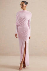 Gatsby | Light Pink High-Neck Maxi Dress With Feather Trim Cuffs