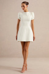 Carabella | White High-Neck Short-Sleeve Mini Dress