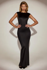 Satin Boat-Neck Twist-Back Maxi Dress In Black