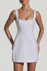 Embellished Structured A-Line Mini Dress In White