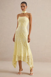 Galathea | Yellow Lace Bandeau-Neck Midi Dress With Collar Detail