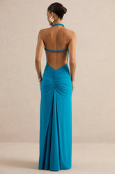 Elirae | Cobalt Asymmetric-Neck Maxi Dress With Twist Strap And Front High Split