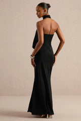 Canella | Black Satin Halter-Neck Maxi Dress With Sash-Detail