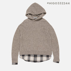 Acne Studios FW25 Women's Layered Wool Hoodie Beige Plaid Patchwork Sweater #332244