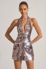 Sequin-Embellished Halterneck Mini Dress In Silver