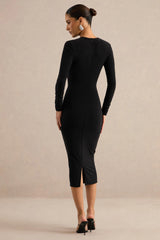 Filomena | Black Round-Neck Midi Dress With Cut-Out