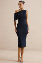 Madelisse | Navy Asymmetric-Neck Midi Dress With Sash