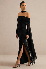 Maelora | Black Lace Bardot-Neck Maxi Dress With Scarf