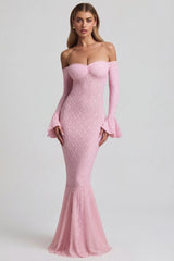 Off-Shoulder Ruffle Lace Maxi Dress In Soft Pink
