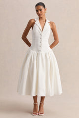 Ella | White Plunge-Neck Midi Dress With Drop-Waist