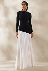 Jasira | Black & White Slashed-Neck Maxi Dress With Asymmetric Drop-Waist