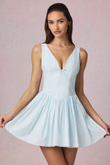 Bow-Detail A-Line Mini Dress In Powder Blue Stripe