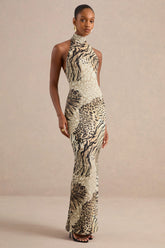 Arlise | Brown Animal Print Halter-Neck Maxi Dress