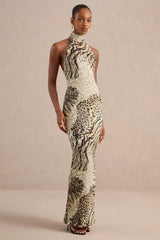 Arlise | Brown Animal Print Halter-Neck Maxi Dress