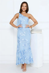Glossy Girl One Shoulder Mesh Maxi Dress Blue