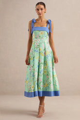 Marlisa | Mint Floral Print Square-Neck Midi Dress With Bow Straps