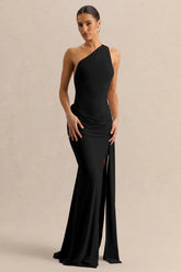 Belrose | Black Asymmetric-Neck Maxi Dress With Gold-Detail And Front-High Split
