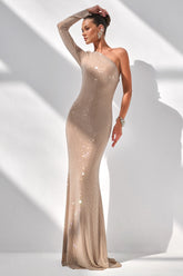 Laurine | Nude Hotfix Asymmetric-Neck Maxi Dress