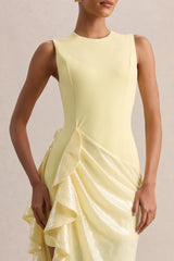 Ada | Lemon Crew-Neck Maxi Dress With Sheer Sequin Skirt And Ruffled Detailing