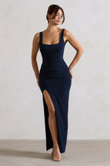 Kate | Navy Square Neck Maxi Dress With Plunge Back And Side Thigh Split