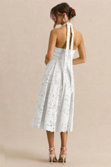 Maribel | White Lace Plunge-Neck Midi Dress