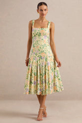 Lumara | Lemon Floral Print Lace Square-Neck Midi Dress With Drop Waist