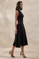 Celosia | Black Asymmetric-Neck Midi Dress With Gold-Detailing