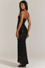 Embellished Lace-Trim Maxi Dress In Black