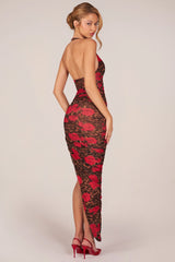 Halterneck Split Hem Midaxi Dress In Rose Leopard Print