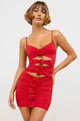 Slinky Jersey Rose Detail Cut Out Mini Dress In Scarlet Red