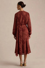 Sabina | Rust Devore Plunge-Neck Midi Dress