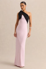 Adara | Pink & Black Asymmetric-Neck Maxi Dress With Bow-Detail
