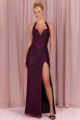 Embellished Halterneck Maxi Dress In Fuchsia Pink