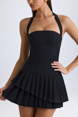 Asymmetric Layered Halterneck Mini Dress In Black