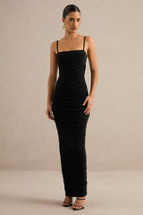 Faina | Black Square-Neck Ruched Maxi Dress