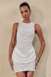 Setiana | White Lace Round-Neck Mini Dress With Draped-Detailing