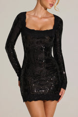 Embellished Lace-Trim Long-Sleeve Mini Dress In Black